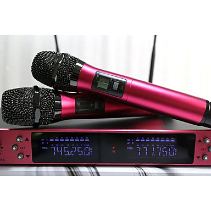 Metal Wireless Microphone with Screen 100M Distance 2 Channel Handheld Mic System Karaoke Wireless Microphone
